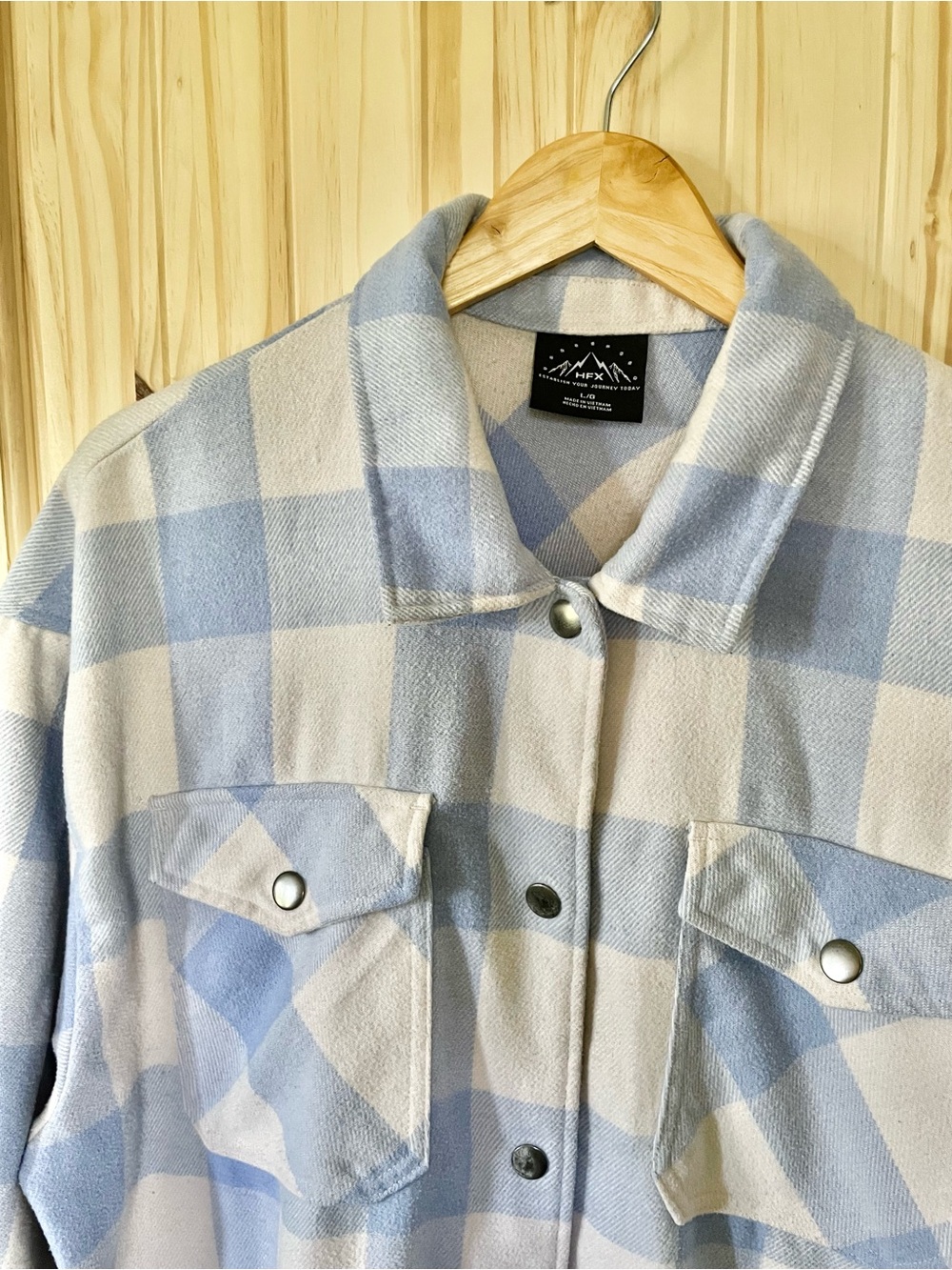 HFX Light Blue & White Buffalo Plaid Check Shacket with Snap Front Size Large - Picture 3 of 8
